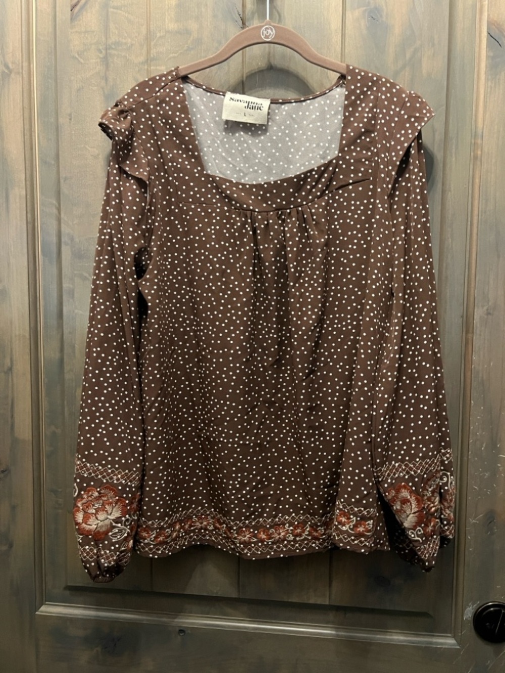 Savanna Jane Long Sleeve Brown Polka-Dot Blouse w/Embroidery. Women's Size L